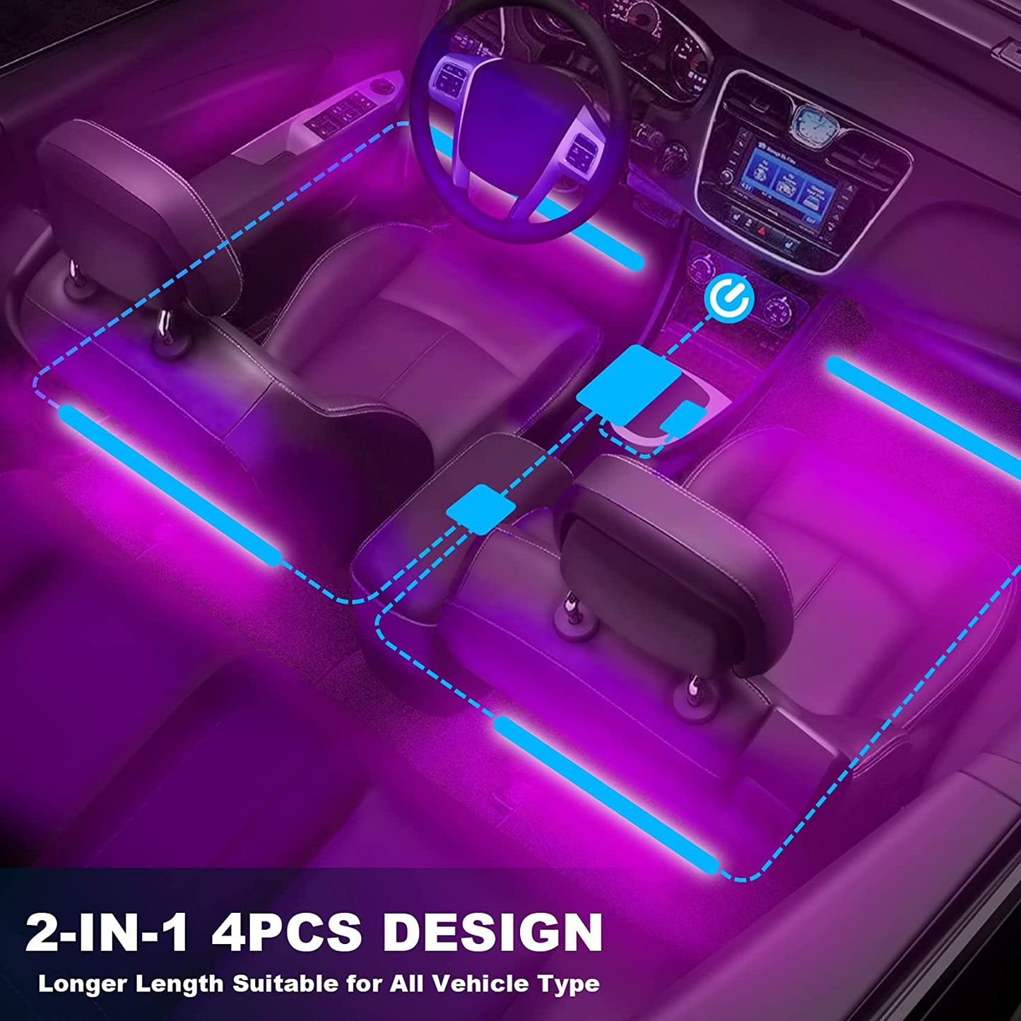 12V DC Car LED Interior Lights 2-in-1 Design 4pcs 48 LED Remote and APP Controller, Waterproof