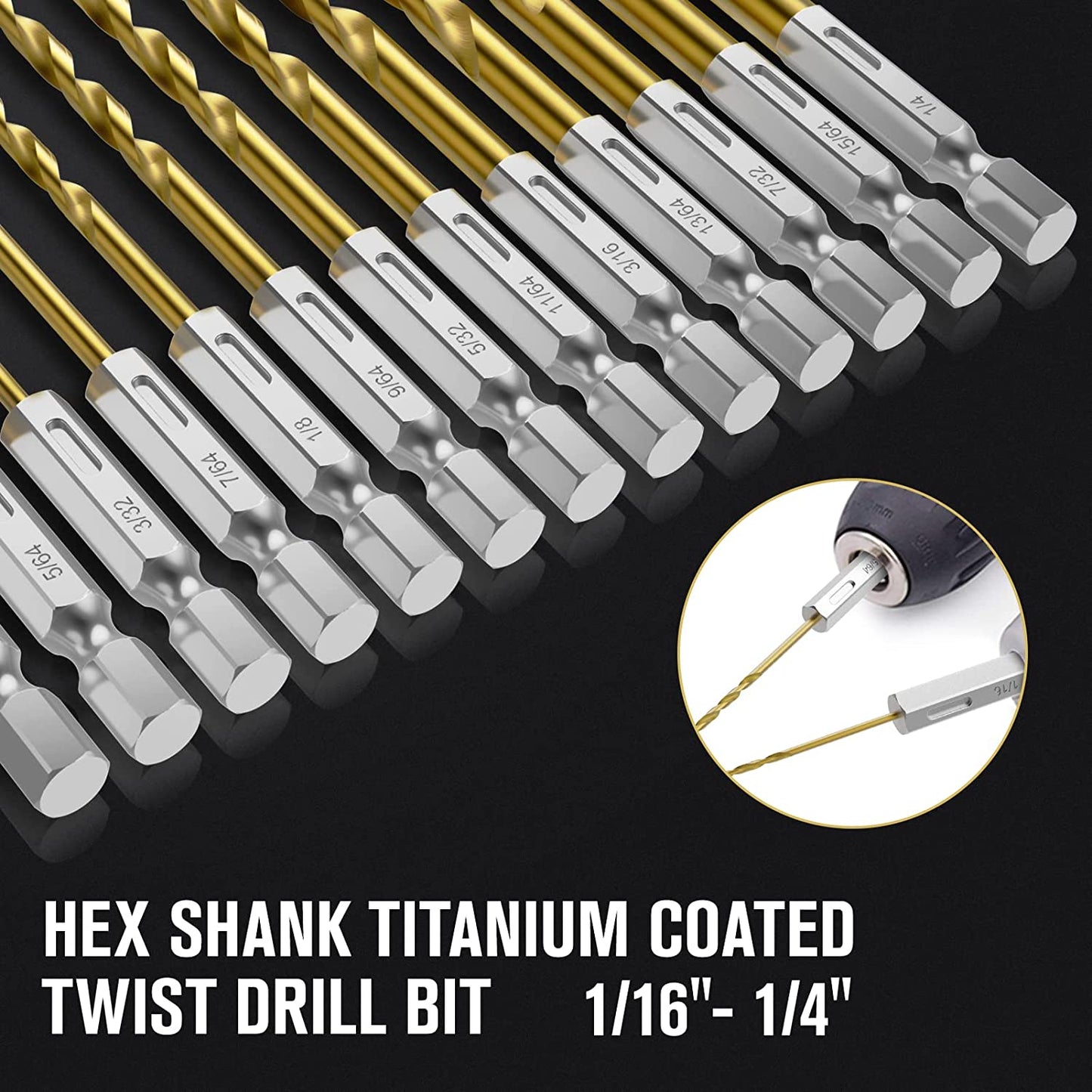Hex Shank, 13Pcs HSS Titanium Twist, Sheet Metal, Wood, Plastic, Quick Change(1/16" - 1/4"mm)
