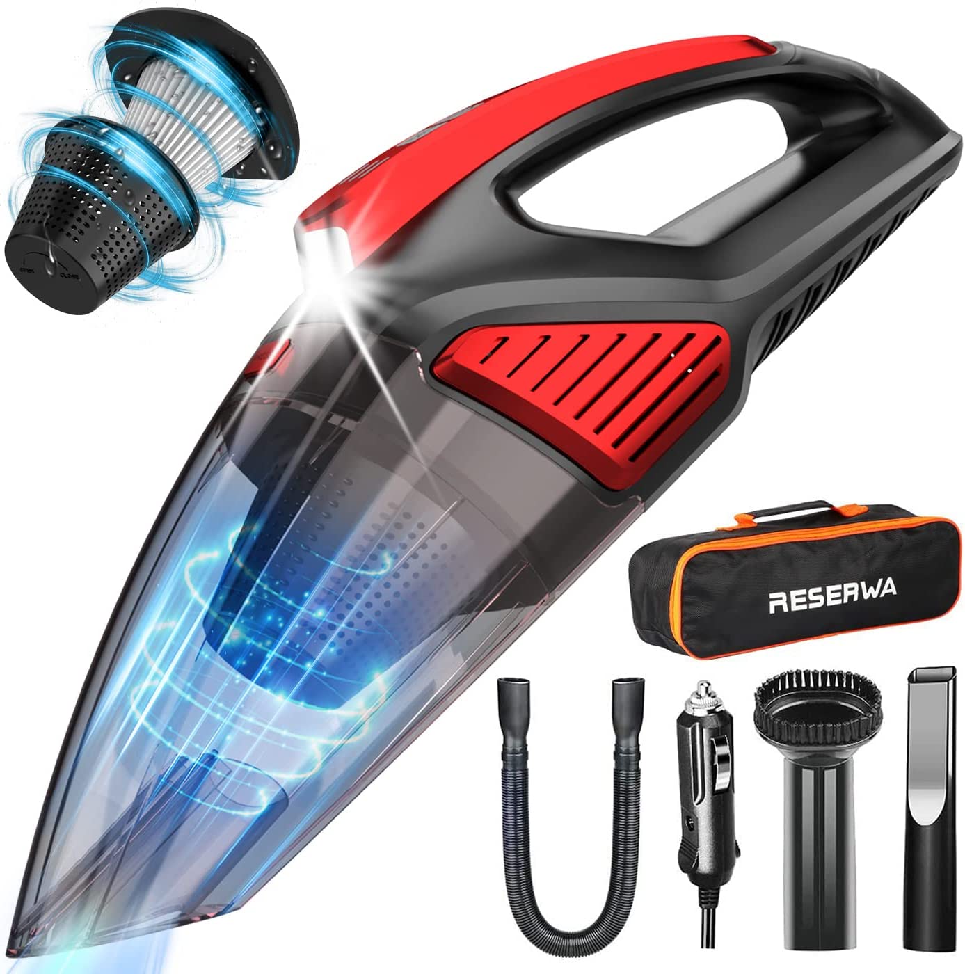 Two-Layer Filter Portable Car Vacuum Cleaner with LED Light 7500PA 12V 16.4FT Cable-Wet and Dry Use
