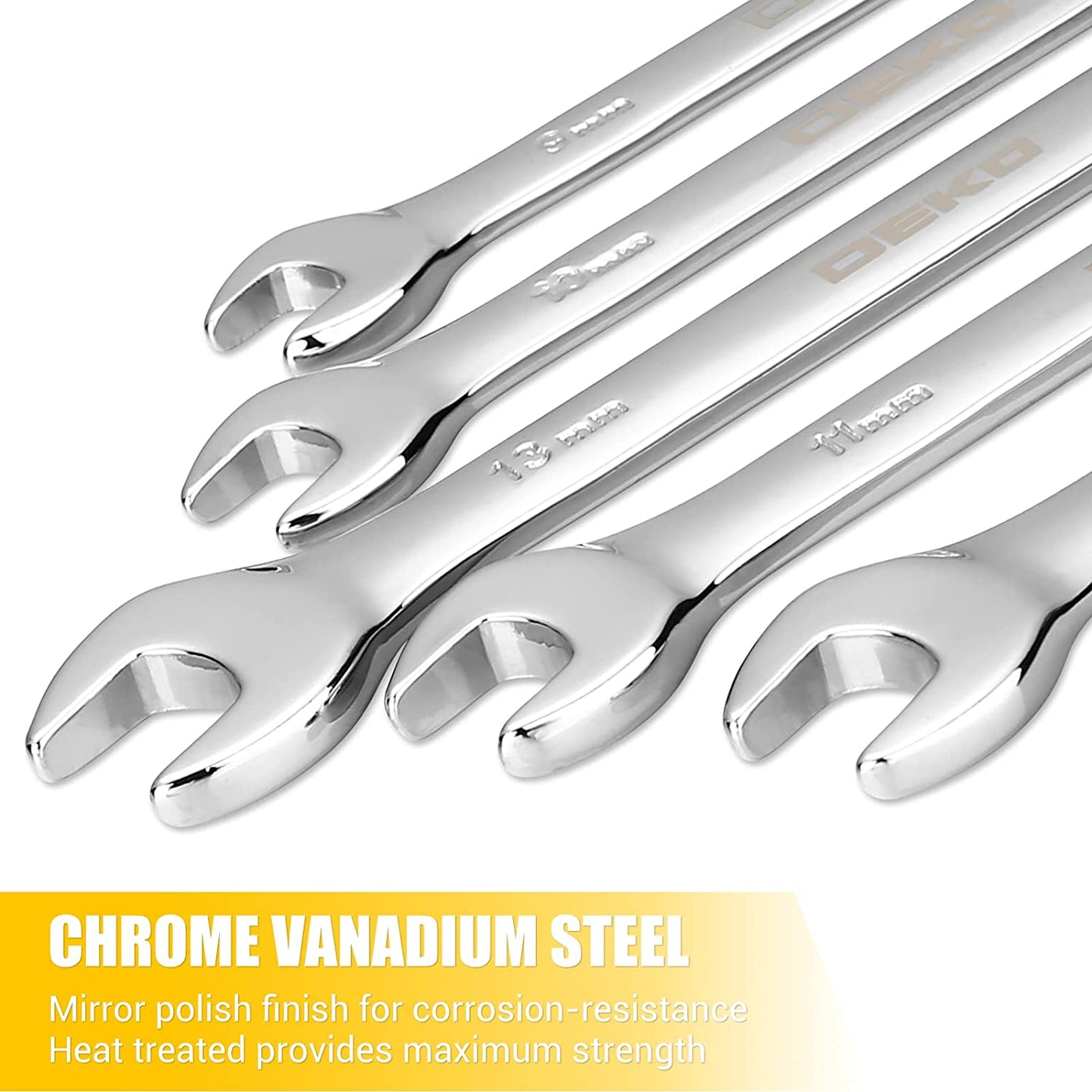 Combination Wrench Set, Metric, 15-piece, 8-22mm, 12-Point, Chrome Vanadium Steel, Plastic Tray
