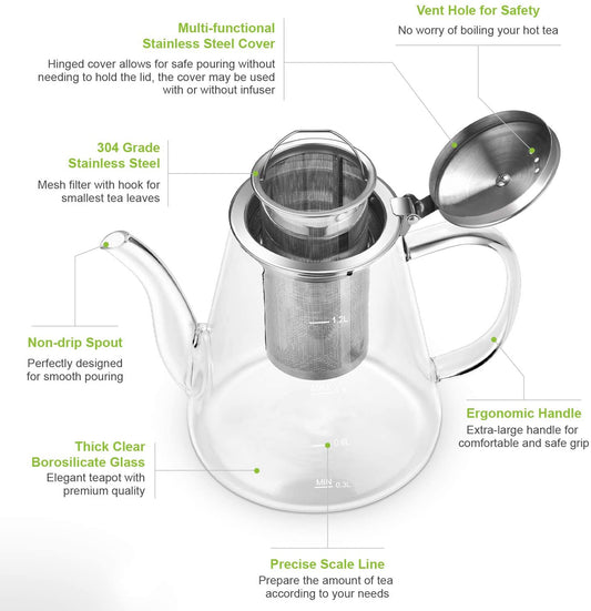 Borosilicate Glass Teapot, 40oz/1200ml with Scale Line, Tea Pot with Infuser, for Stovetop Safe