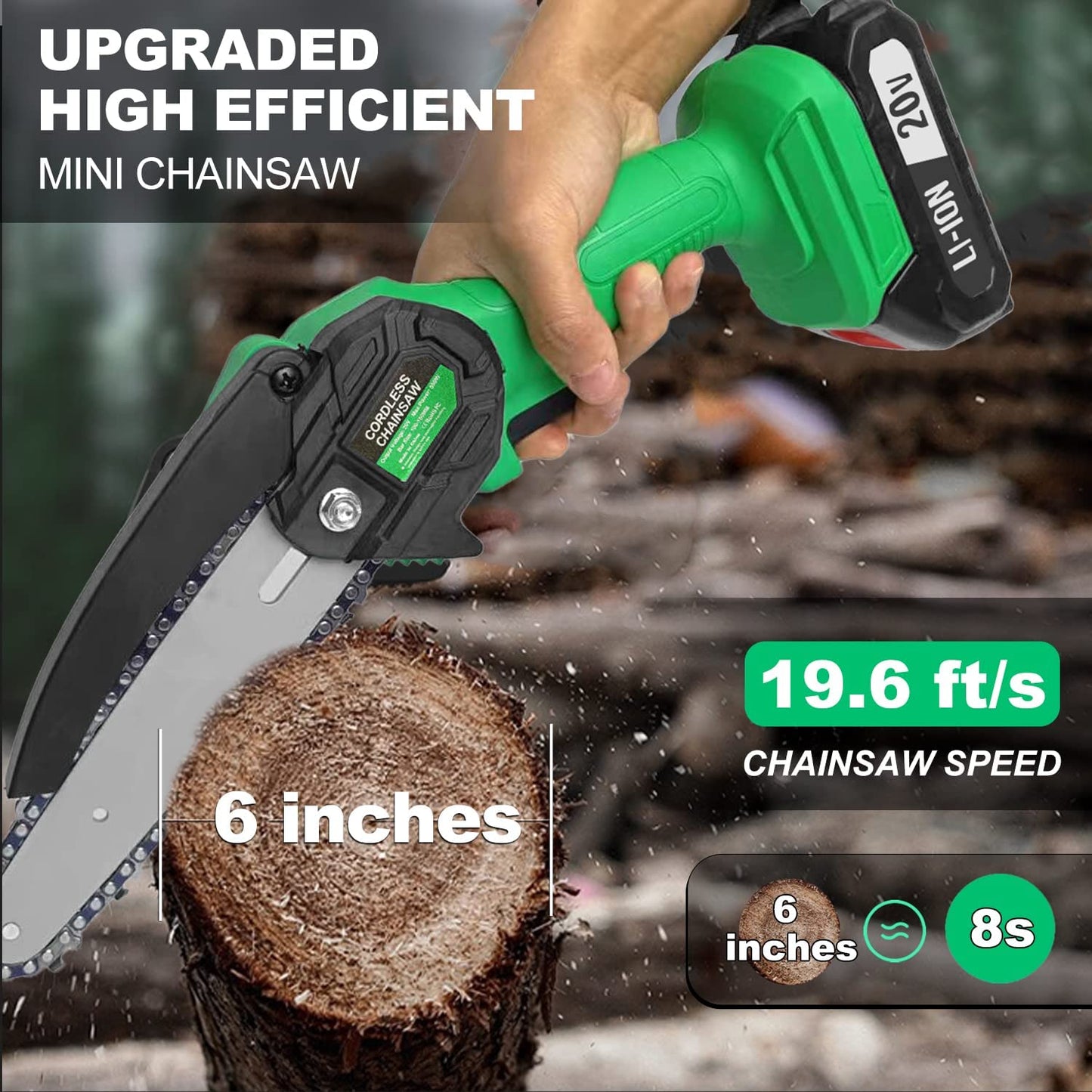 Mini Chainsaw 6 Inch 2 Batteries, 2 Chains, LED Light, Lightweight, Tree Branches, Wood Cutting