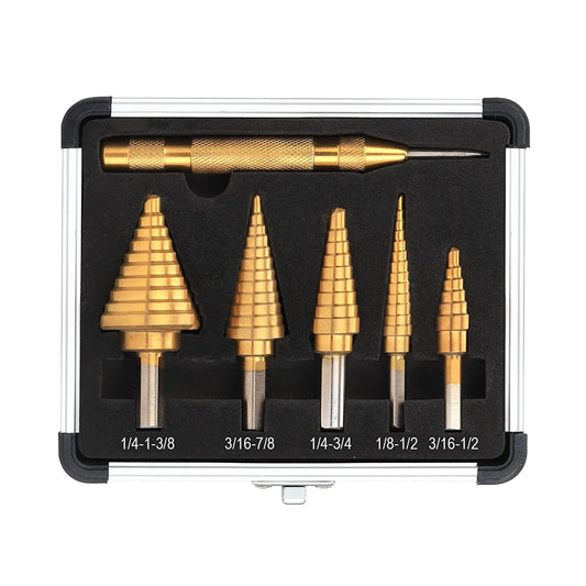HSS Step Drill Bits,Titanium Coated M35 5pcs, 50 Sizes from 1/8" to 1-3/8”, Aluminum Case