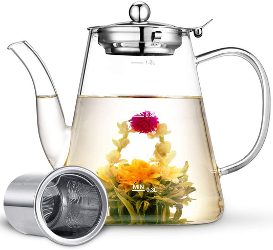 Borosilicate Glass Teapot, 40oz/1200ml with Scale Line, Tea Pot with Infuser, for Stovetop Safe