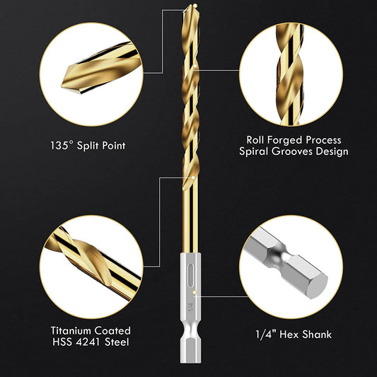 Hex Shank, 13Pcs HSS Titanium Twist, Sheet Metal, Wood, Plastic, Quick Change(1/16" - 1/4"mm)