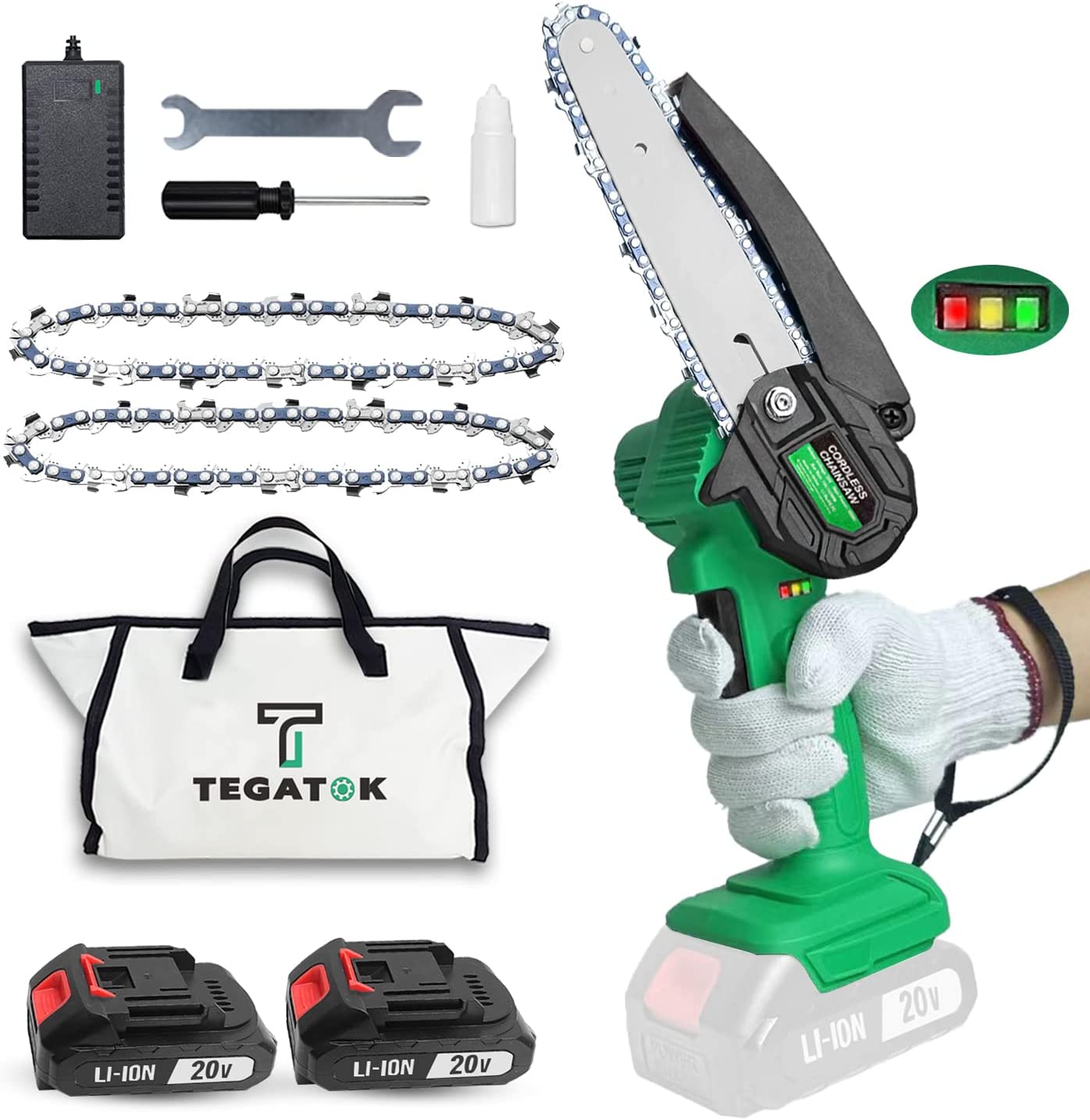 Mini Chainsaw 6 Inch 2 Batteries, 2 Chains, LED Light, Lightweight, Tree Branches, Wood Cutting