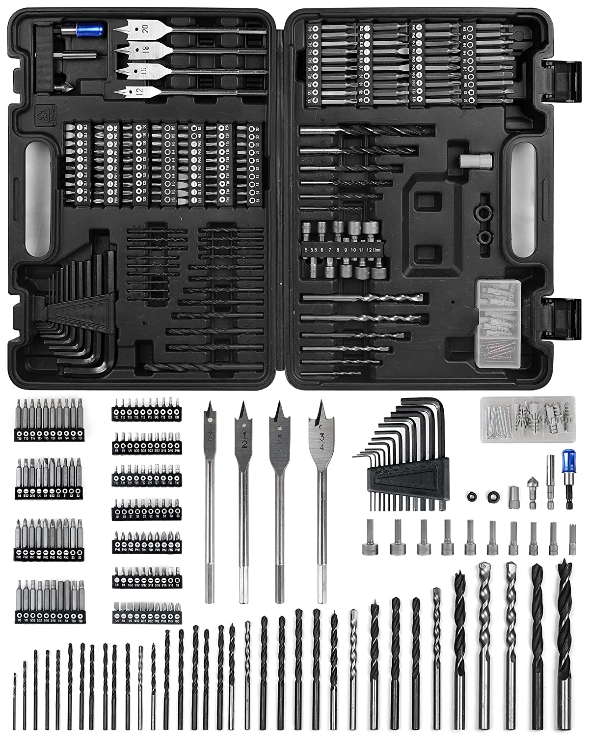 Impact Driver Drill/Screwdriver Bit Set, 201-Piece, for Wood Metal Cement Drilling and Screwdriving