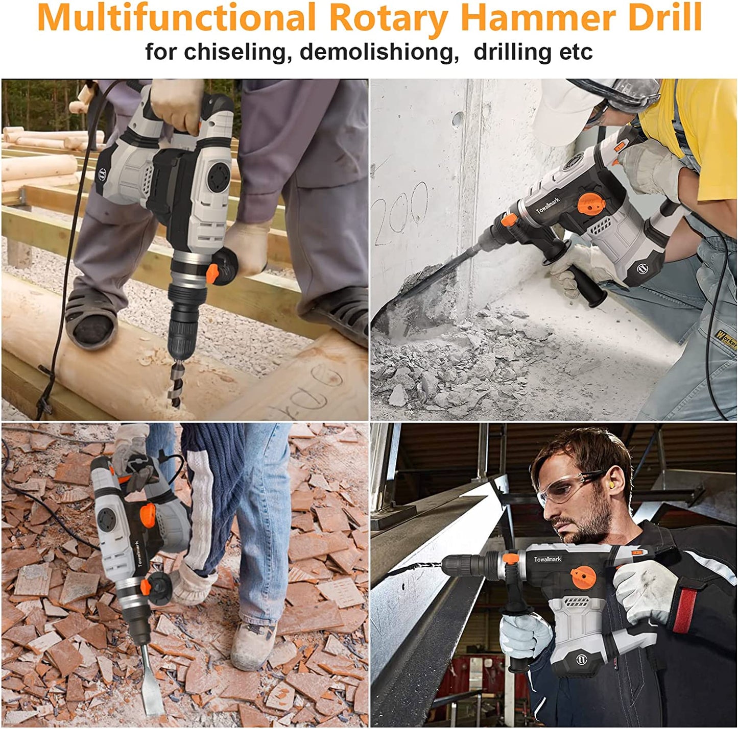 12.5 Amp SDS-Plus Rotary Hammer Drill, 1-1/4 Inch, 4 in 1 Multi-functional for Concrete, Tile, Wall, Stones, Cement and Metal