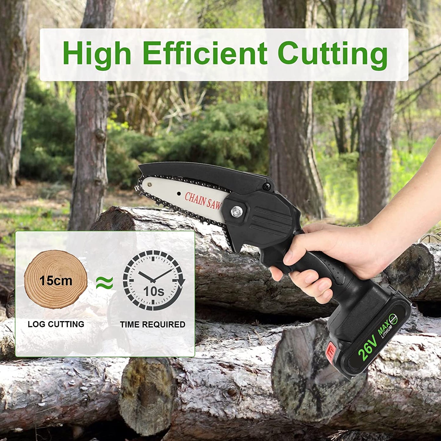 Mini Chainsaw, 4 Inch 26v, 2 Battery & Chain, Security Lock, Portable, Wood Cutting Tree Trimming
